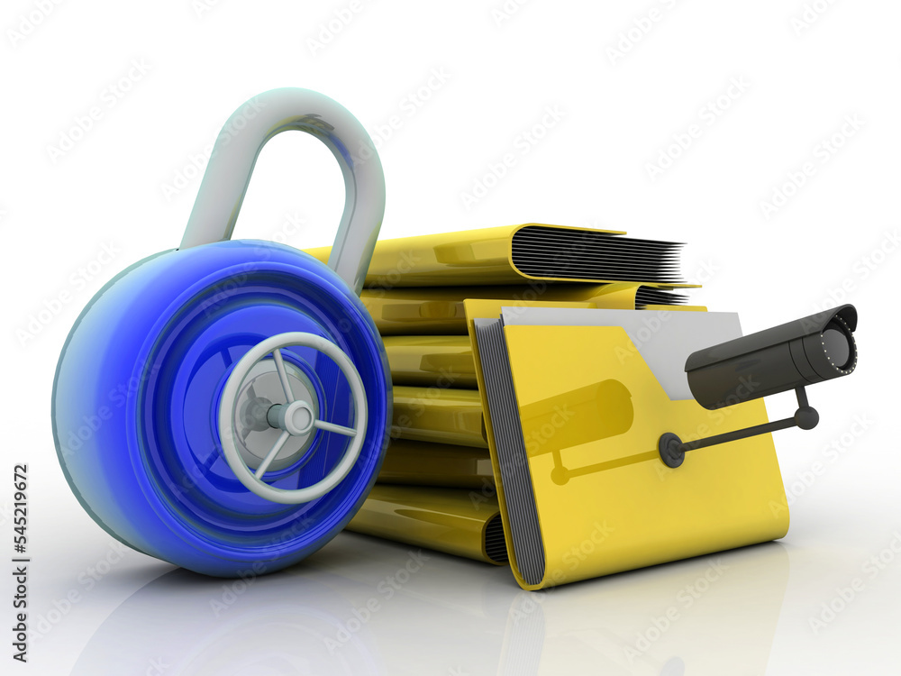 Poster 3d rendering yellow folder and lock. data security concept under cctv camera