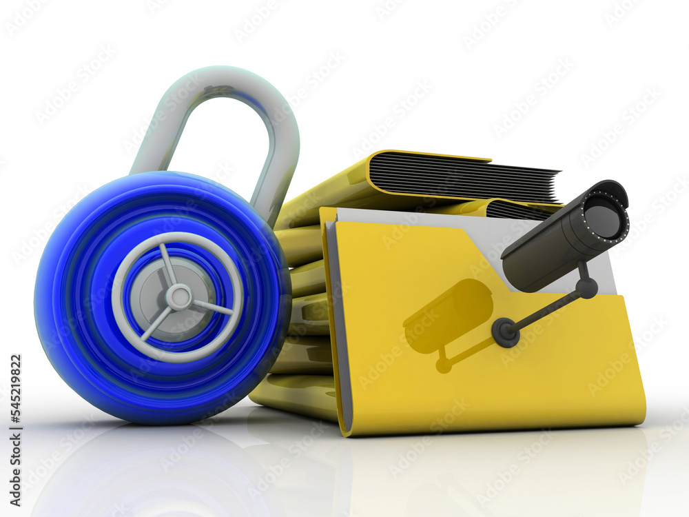 Poster 3d rendering yellow folder and lock. data security concept under cctv camera