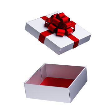 Open white gift box with red ribbon and bow. Christmas 3d element