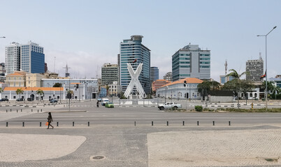 View at the Luanda marginal, Sonangol head office tower building, downtown lifestyle, modern skyscrapers and other buildings on Luanda downtown