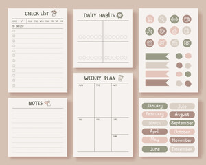 Minimalist planner pages templates. Calendar month stickers. Check list. Daily habits. To-do list. Cute paper notes. Stickers for planner. Decorative planning element.
