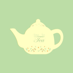 Teapot with leaves and berries inside and text time for tea. Vector illustration for card, menu, kitchen.