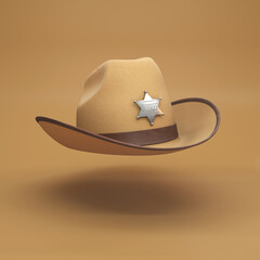Beige sheriff's hat with a silver badge floating on a beige background, 3d render