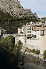 Fototapeta na wymiar Entrevaux, France - 30.10.2022 : View of the medieval town of Entrevaux on an autumn day