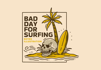 Vintage art illustration of the coconut tree, surfing board and skull