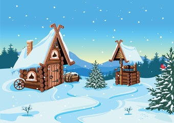 A fairy tale hut made of logs with a snow-covered roof and an old well with clean water. Old village house in winter. Vector illustration in cartoon style. Winter fairytale background. - obrazy, fototapety, plakaty