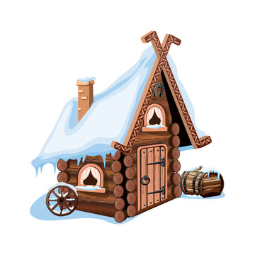 A fairy tale hut made of logs with a snow-covered roof, a stone chimney and a horseshoe for good luck. Old village house in winter. Vector illustration in cartoon style. Winter fairytale background.