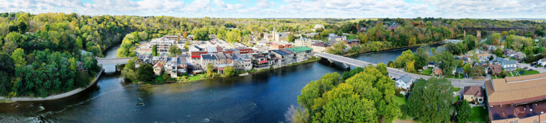 Aerial panorama view of Paris, Ontario, Canada in early autumn