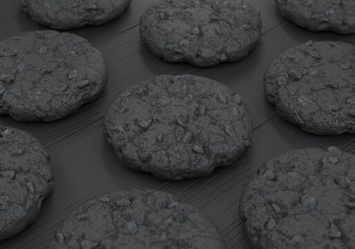 Black cookies with chocolate chips on a wooden table, 3d render
