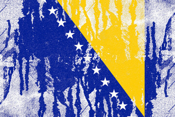 Bosnia and herzegovina flag painted on old distressed concrete wall background - obrazy, fototapety, plakaty