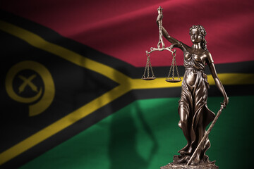 Vanuatu flag with statue of lady justice and judicial scales in dark room. Concept of judgement and...