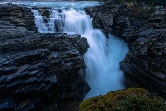 Long exposure shot of Athabasca Falls waterfall in Alberta, Canada