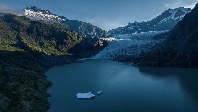 Aerial view of Mendenhall Glacier and lake in Juneau, Alaska, United States