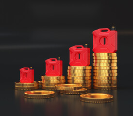 Fuel canisters and stacks of gold coins, growth concept, 3d render