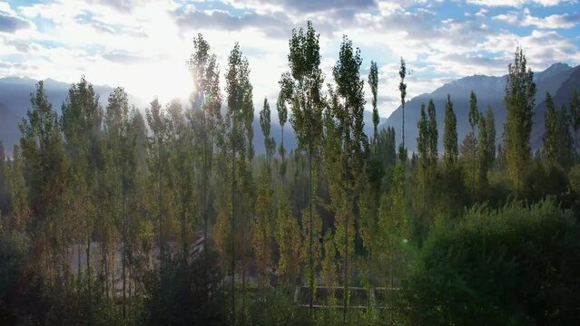aerial view of Hunder village in Himalayas in the morning, background in Nubra Valley, Ladakh, India.
