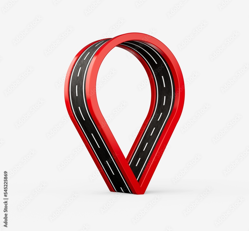 Poster illustration of a red location map pin icon with an asphalt track isolated on a white background