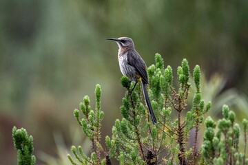 Close-up of a cape sugar honeyeater bird (Promerops cafer) sitting on a tree in a forest