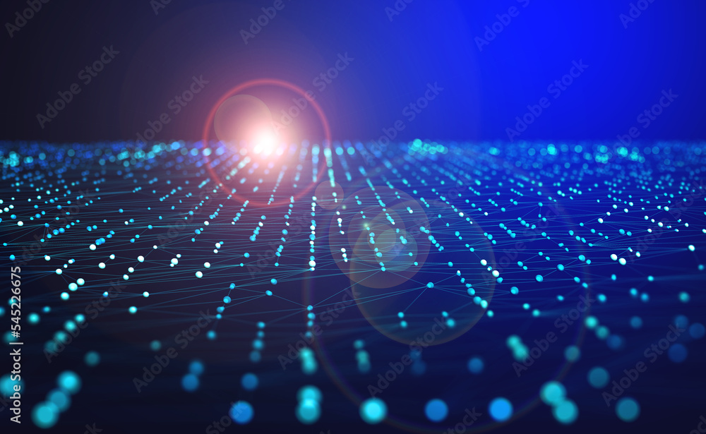 Poster Digital data field in cyberspace of metaverse. 3D illustration of a polygonal network in shallow depth of field