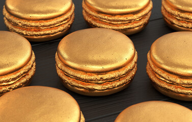 Set of golden macaroons on a wooden background, 3d render