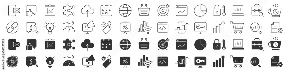 Poster seo and marketing line excellent icons collection in two different styles. thin outline icons pack. 