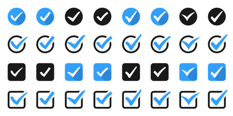Big set of blue check or tick icons for design