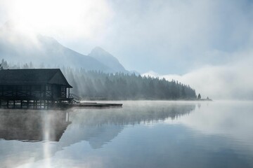 Beautiful shot of a lake coast in the daytime during misty weath