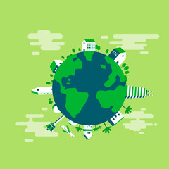 Green city eco planet with clouds background.Global with nature landscape and building. Travel around the earth.