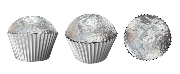 A set of silver-colored muffins cakes from various angles from the front, side, top, 3d render