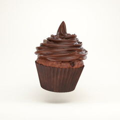 Cupcake with chocolate cream floating on a white background, 3d render