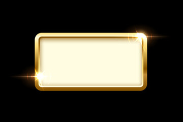 Gold rectangle button with frame vector illustration. 3d golden glossy elegant design for empty emblem, medal or badge, shiny and gradient light effect on plate isolated on black background