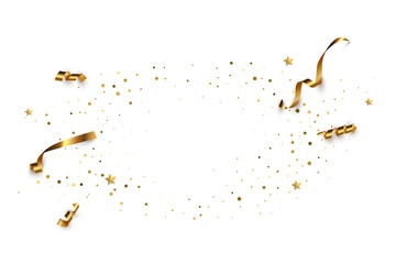 Festive background vector illustration. Elegant colorful wallpaper design. Creative backdrop with golden ribbons, stars and confetti, horizontal banner with copyspace