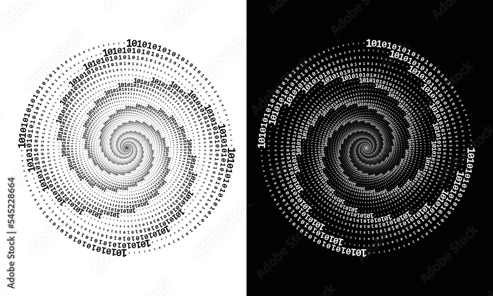 Poster abstract digits one and zero in spiral over black and white background. big data concept, icon logo 