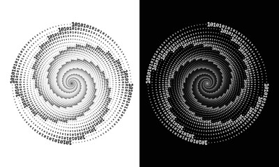 Abstract  digits ONE and ZERO in spiral over black and white background. Big data concept, icon logo or tattoo. The numbers 1 and 0 alternate with each other in order.