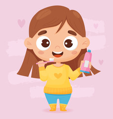 Cute girl brushes her teeth. Concept of hygiene, personal care and beauty. Vector illustration in cartoon style for design, decor, print and kids collection, postcards and covers