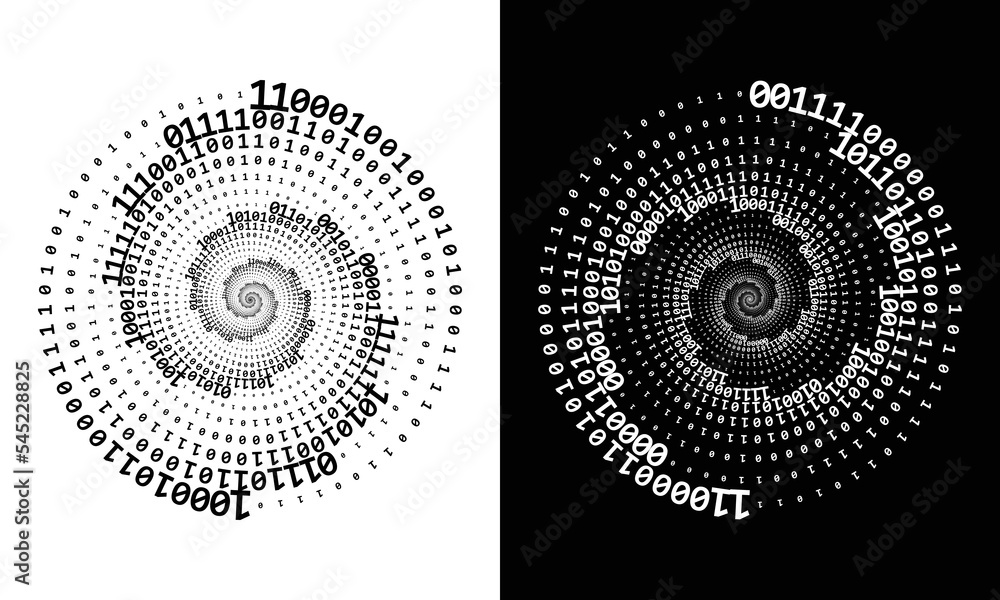 Aufkleber abstract numbers one and zero in a spiral over a black and white backgrounds. big data concept, logo