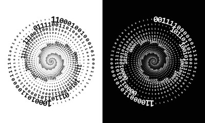 Abstract numbers one and zero in a spiral over a black and white backgrounds. Big data concept, logo icon or tattoo. The numbers 1 and 0 alternate randomly.
