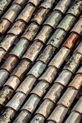 Ancient tiles covering the roof of the citadel in Entrevaux, south of France