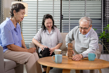 Fototapeta na wymiar Group of elderly people enjoy talking , relaxing with game at senior healthcare center.