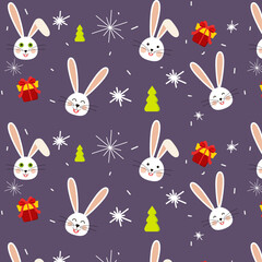 Seamless pattern with hares, gifts, Christmas trees, snowflakes. Wallpaper, fabric. Flat style.