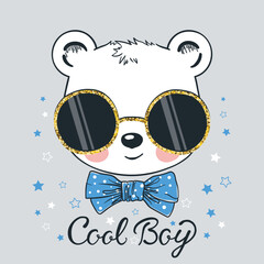 Cute little bear. Cool boy with golden glasses