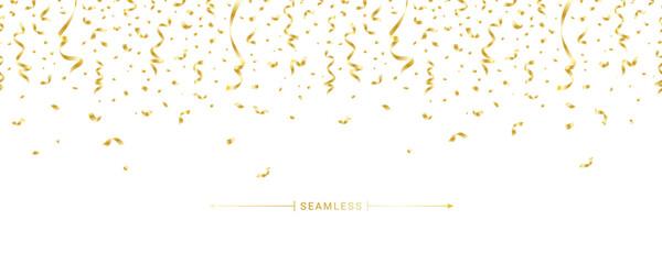 Golden confetti long banner. Christmas Holiday design element. Anniversary celebration background. Falling shiny gold confetti