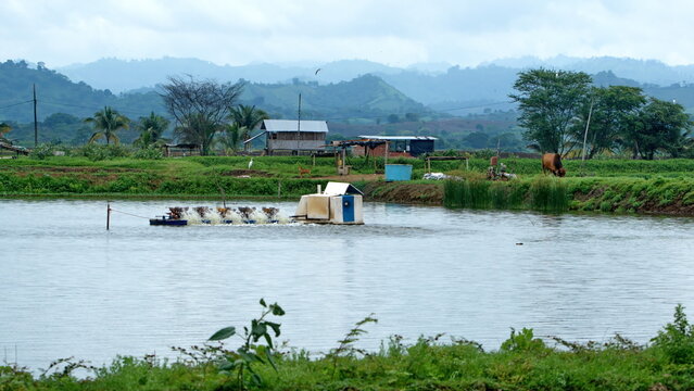 Aerator in a pond at a shrimp farm in the La Segua wetlands near Chone, Ecuador