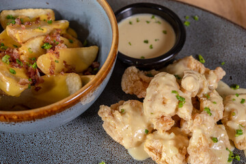 Typical colombian food and drinks, overflowing shrimps