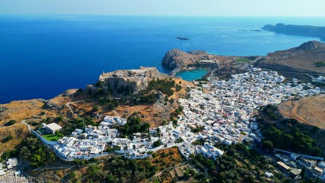 Lindos is a town on the Greek island of Rhodes. It&rsquo;s known for its clifftop acropolis, which features monumental 4th-century gates and reliefs from about 280 B.C.