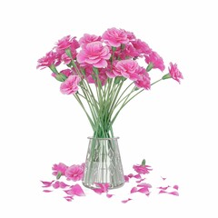 3D render of a glass vase with pink flowers and fallen petals isolated on a white background