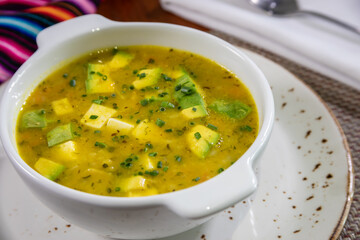 Typical peruvian food and drinks, shrimp chupe