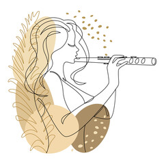 Silhouette of a beautiful woman with a flute and a leaf of a plant in a modern continuous line style. Flutist, slender. Outline decor, posters, stickers, logo. Vector illustration. © Nataliia