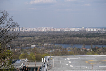 Left bank of Dnipro river in Kyiv area in Spring, shot at Mariinskyi Park, Kyiv, Ukraine