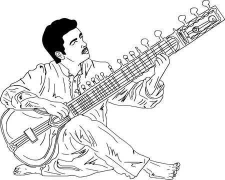 Sitar player vector and illustration in Indian music, Indian Musical Instruments Vector Art, sketch drawing and graphics, sitar vadak clip art, symbol 