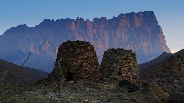 Beautiful Sunrise 4K time lapse at Al ayn beehive tomb, Jebel shams mountain in Oman